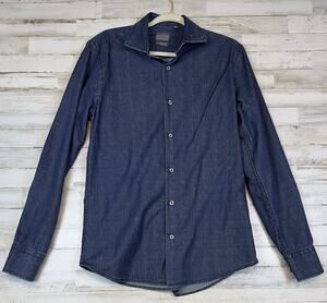 Dan John Men's Button Up Shirt 15.5 40 Slim Blue 100% Cotton Long Sleeve Italy